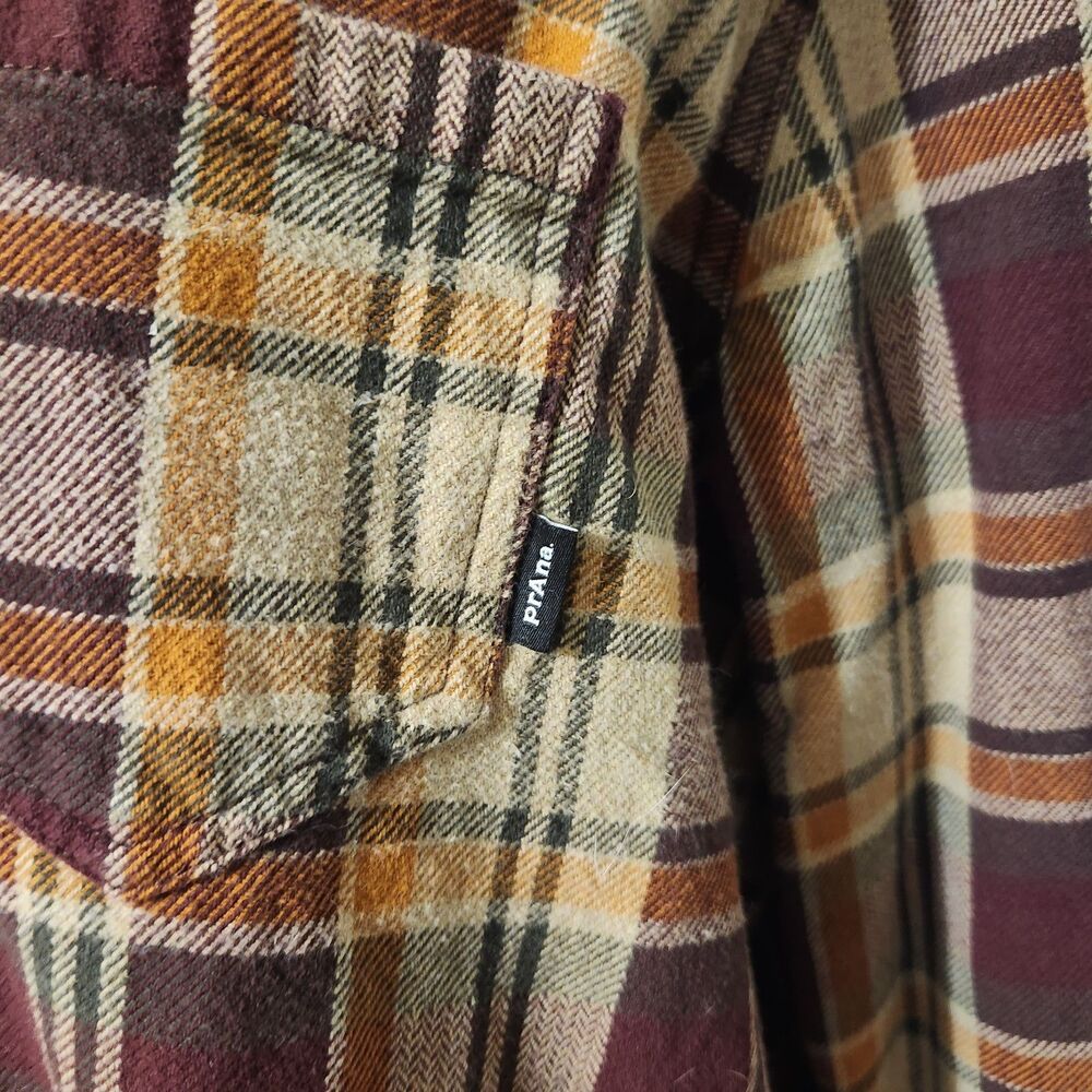 Prana Organic Cotton Brown Plaid flannel Snap Fromt Long Sleeve Shirt - Picture 3 of 10